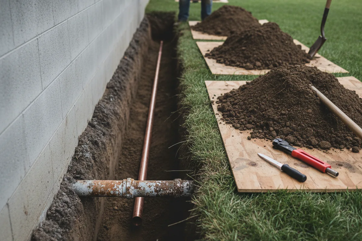 Excavated water line trench during Sewer Line Repair in Sedro Woolley